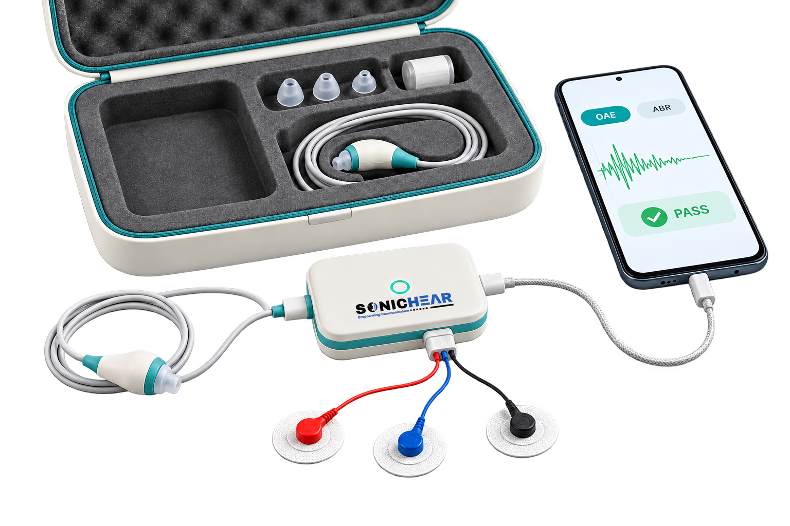 SonicHear field kit: open carry case holding a screening probe, coiled cables, three silicone ear tips and a probe cap, next to a phone showing a PASS result