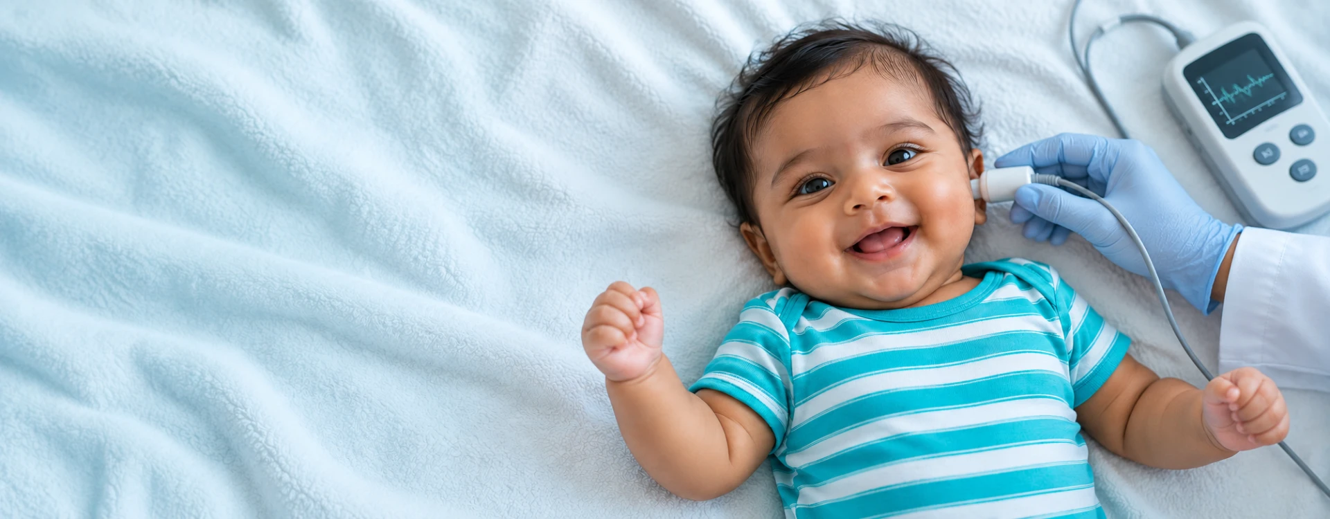 A smiling newborn during a hearing screening, with the SonicHear screening device beside them.