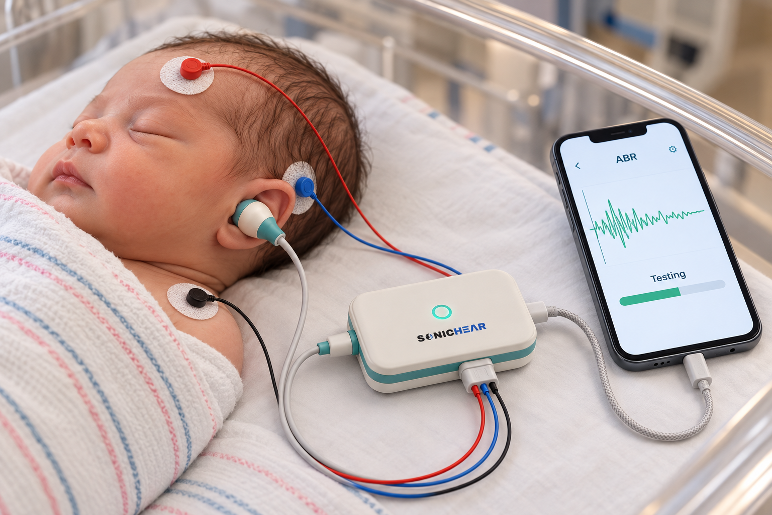 Sleeping newborn wearing a soft ear probe and three skin electrodes on the head and shoulder, connected to the SonicHear device and a phone showing a live ABR waveform