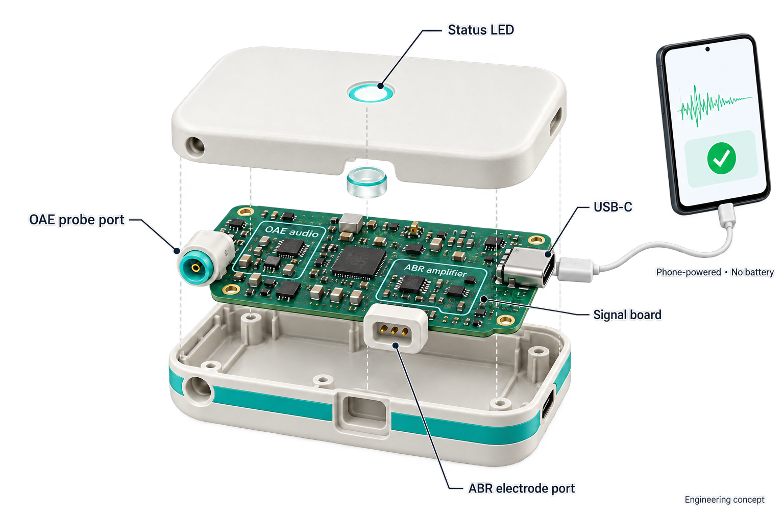 Exploded view of the SonicHear device: top shell with status LED, green signal board with OAE audio and ABR amplifier sections, OAE probe port, USB-C port and ABR electrode port, connected to a phone