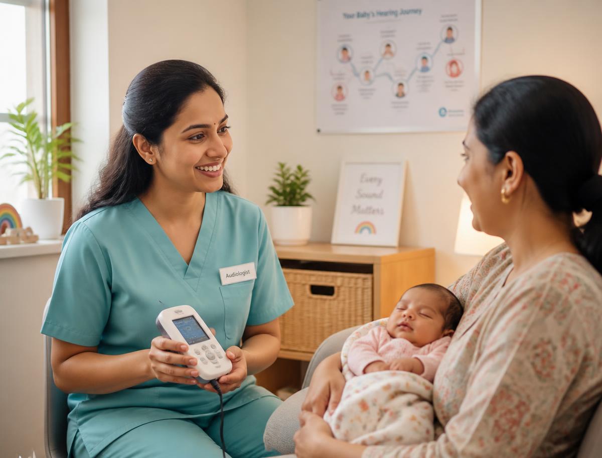 A SonicHear audiologist showing a handheld screening device to a mother holding her newborn