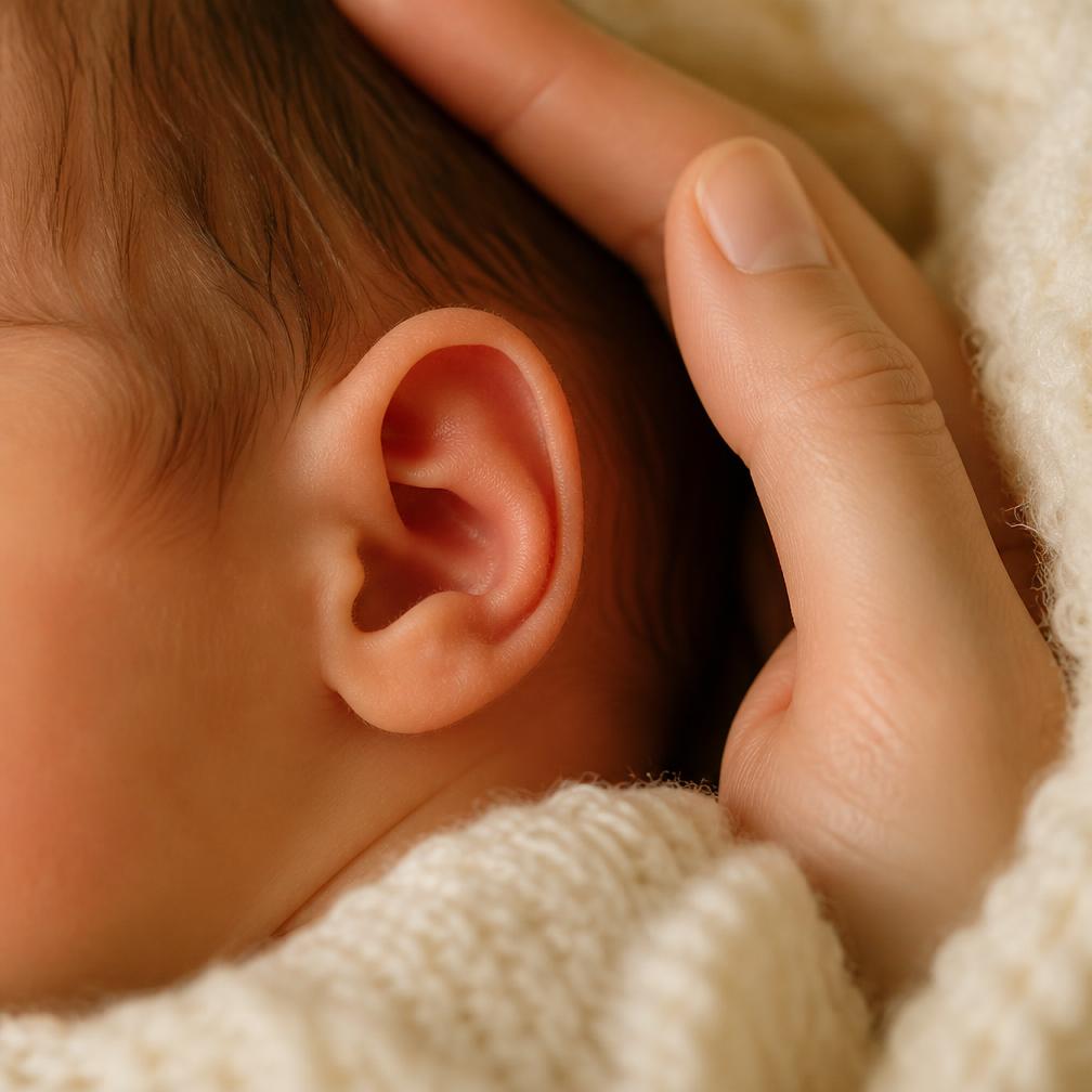 Close-up of a newborn baby's ear with a caregiver's hand resting gently nearby
