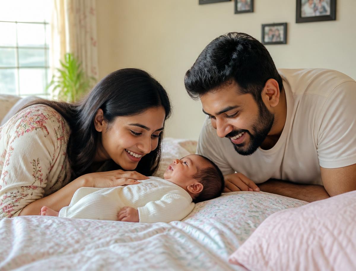 Parents smiling at their newborn baby at home after a hearing screening